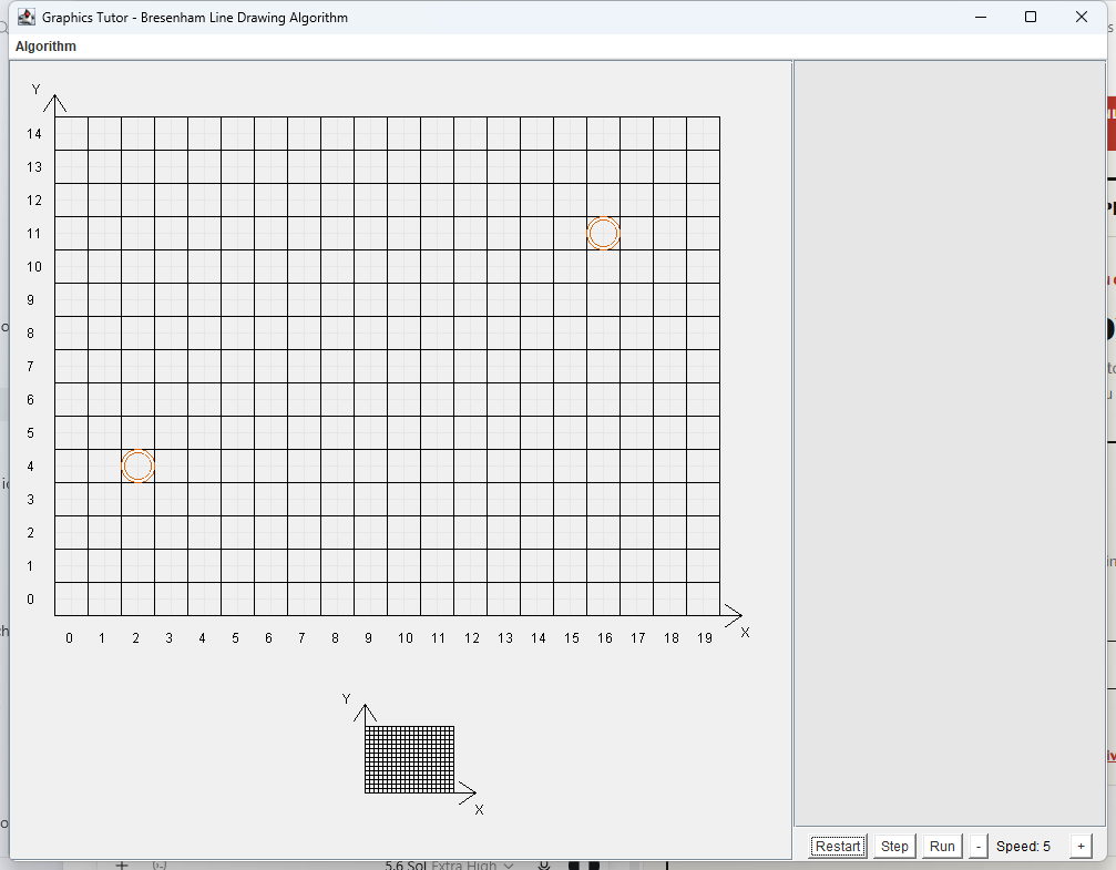 The Graphics Tutor desktop application showing a line-drawing grid, pseudocode and controls.